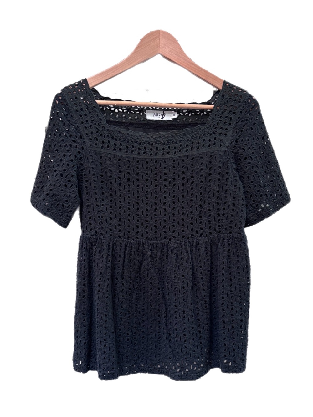 Black Eyelet Cotton Lace Top Scalloped Square Neckline Empire Waist Short Sleeve